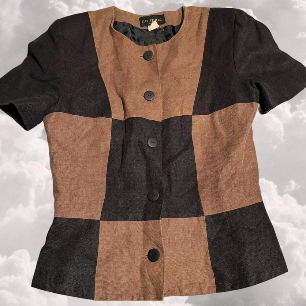 Vintage 80s Linen Button up Colorblock Blouse size medium